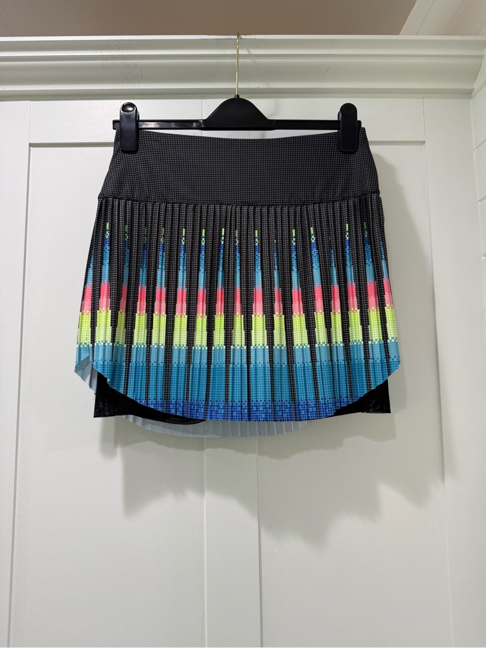 Lucky in Love Black Pleated Skirt with Blue, Neon Yellow & Pink Stripes - Picture 1 of 5